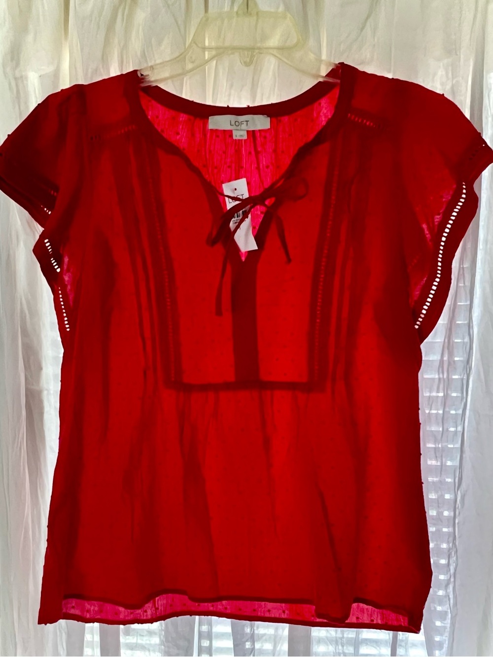 NWT LOFT Bright Red Tie-Neck Swiss Dot Peasant Blouse S ladder trim cutout